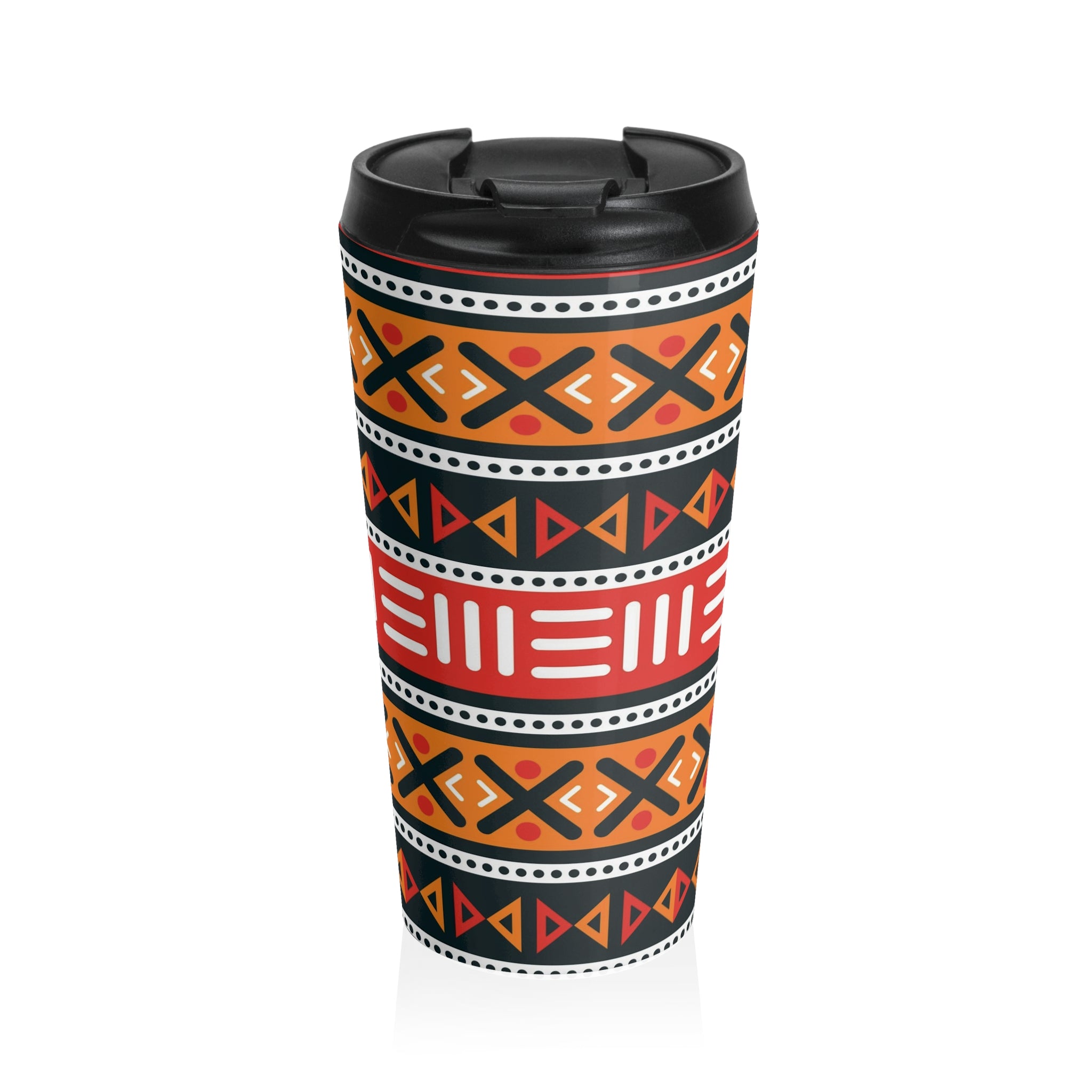 African Ethnical Beautiful Pattern Stainless Steel Travel Mug 15oz Black with Plastic lid - Wilderness, Geometrical, Teacher gift, Traveler