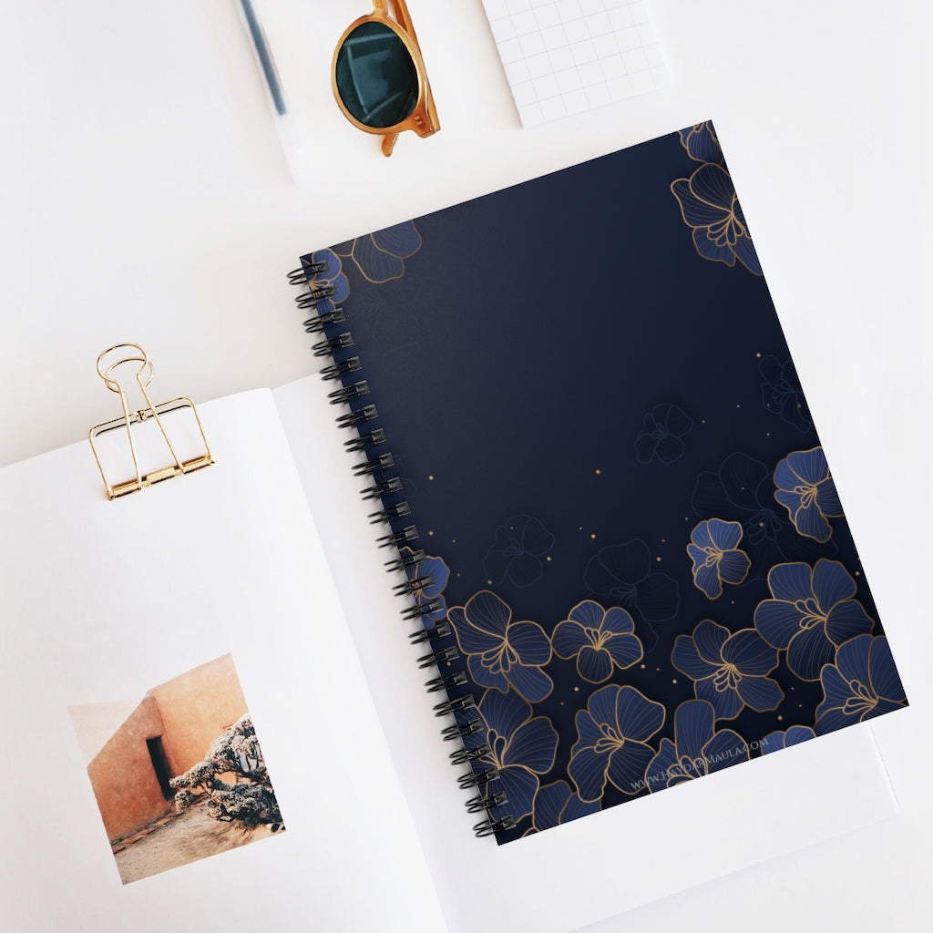 Blue Flowers Gold - Spiral Notebook Ruled Line