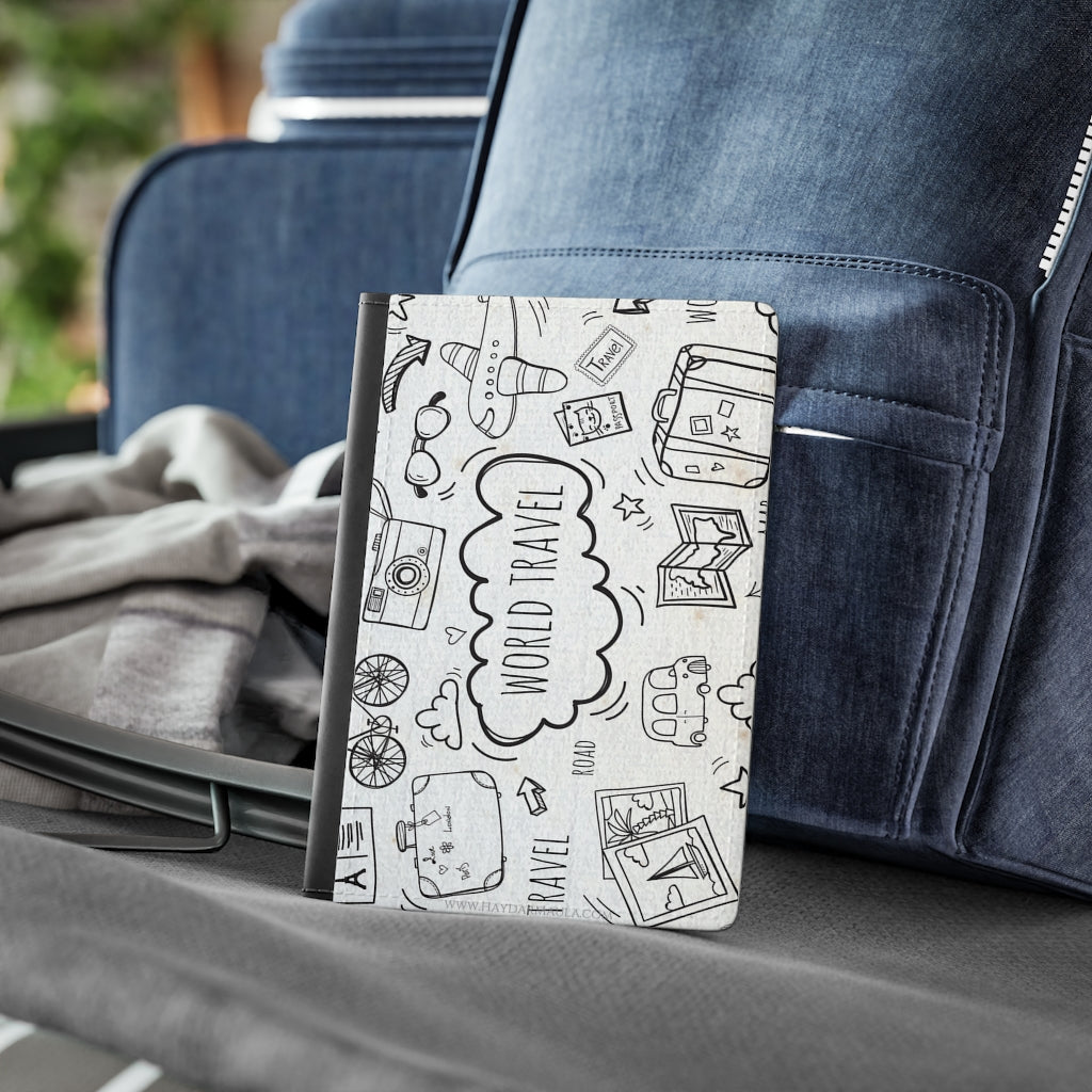 Travel The World Doodles - Premium Black Passport Cover Faux Leather, Travel Accessories