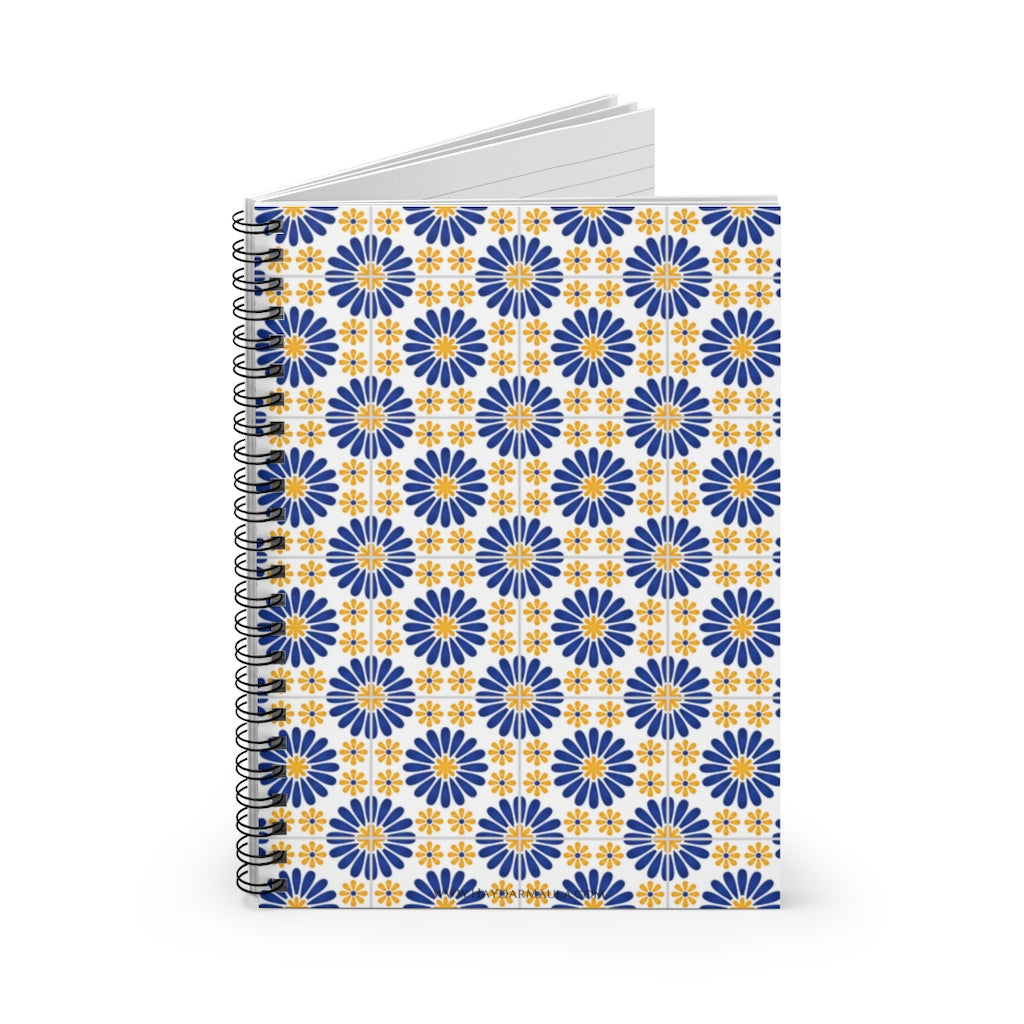 Blue Yellow Flower Pattern - Spiral Notebook Ruled Line