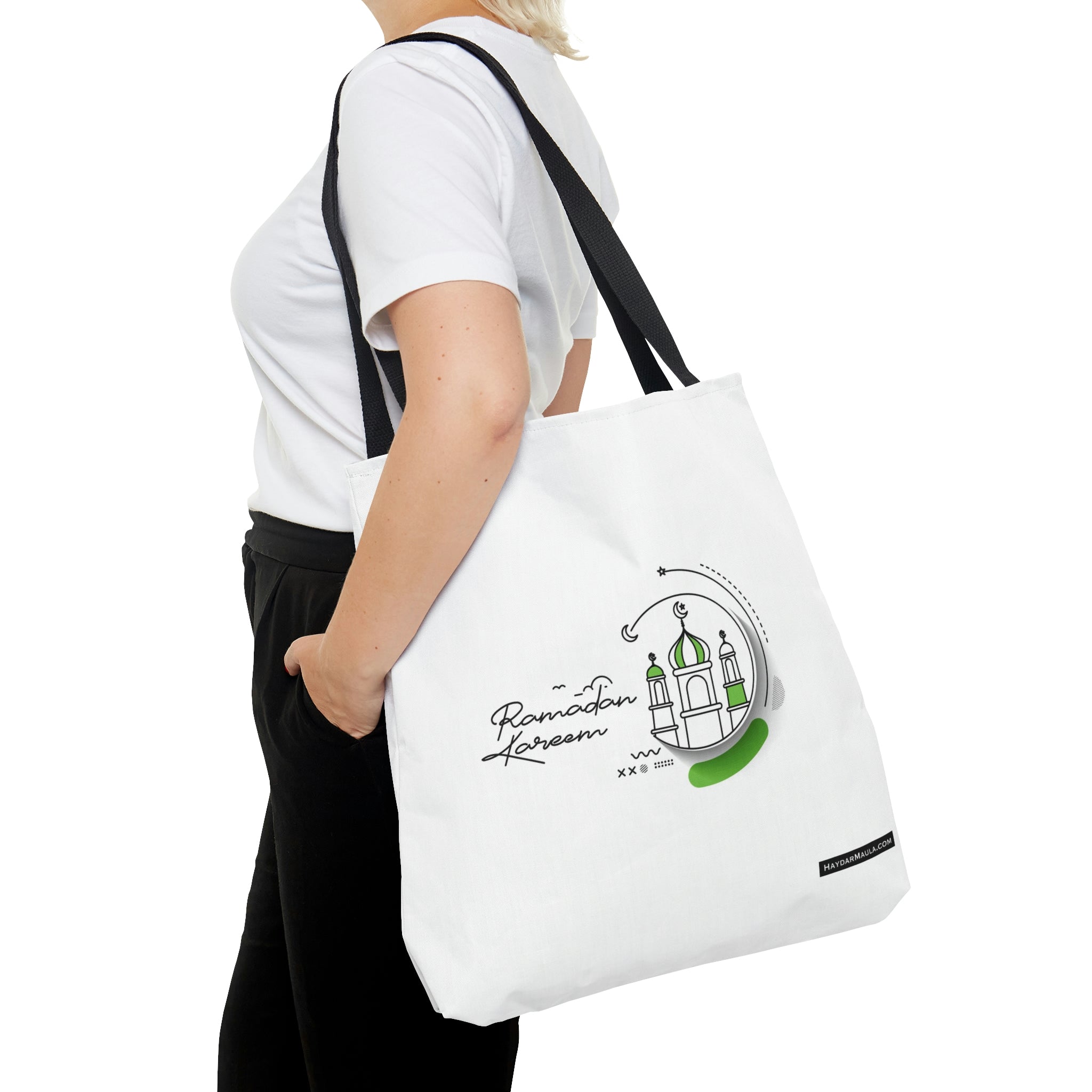 Ramadan Mubarak Tote Bag White Green - Islamic bag, Eid gift, Mosque bag, Prayer bag, Holy month