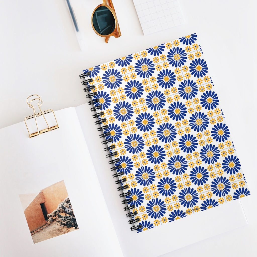 Blue Yellow Flower Pattern - Spiral Notebook Ruled Line