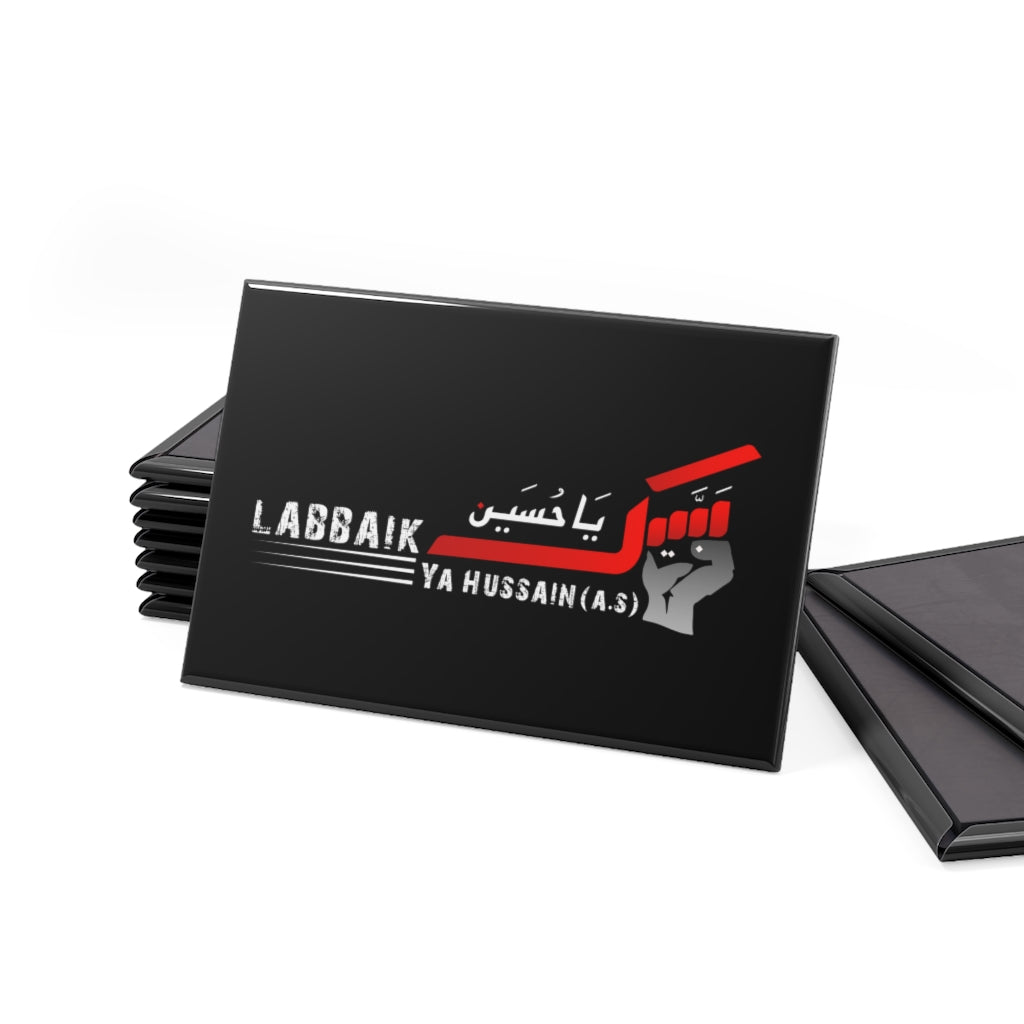 Labbaik Ya Hussayn (as) With Fist - Button Rectangle Magnet Black (1 & 10 pcs), Karbala, Ashura, Muharram, Azadari, Shia Islamic, Ya Abbas