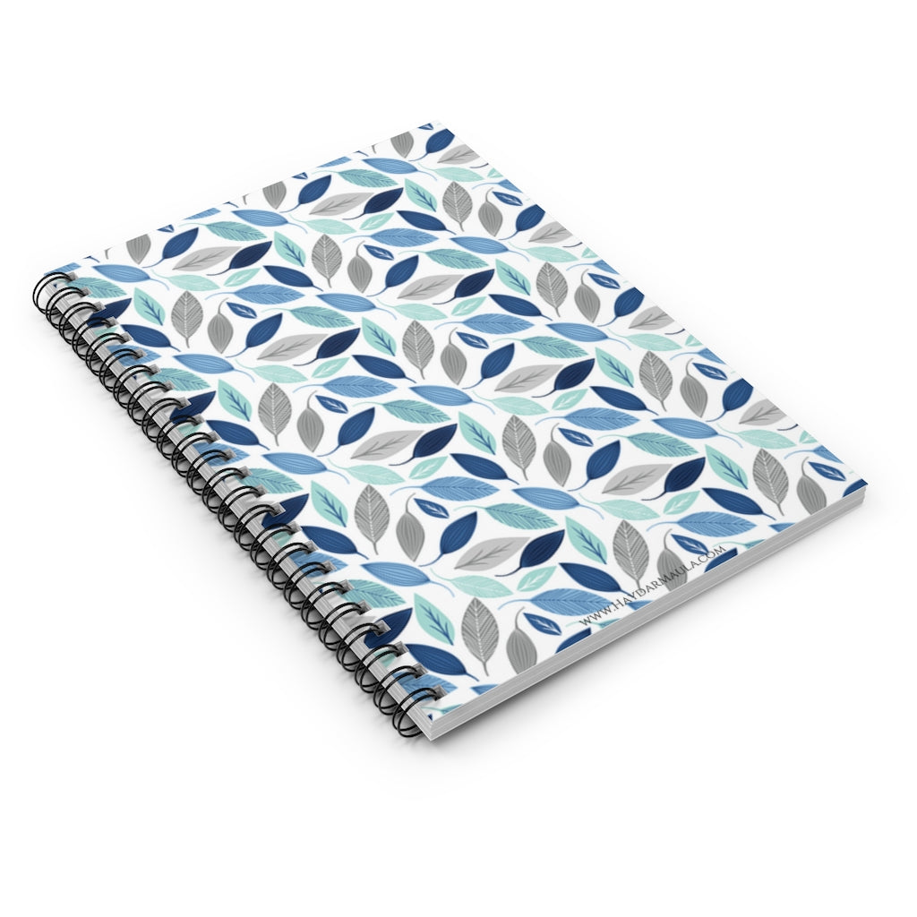 Blue and Silver Leaf Pattern Cute Spiral Notebook Ruled Line