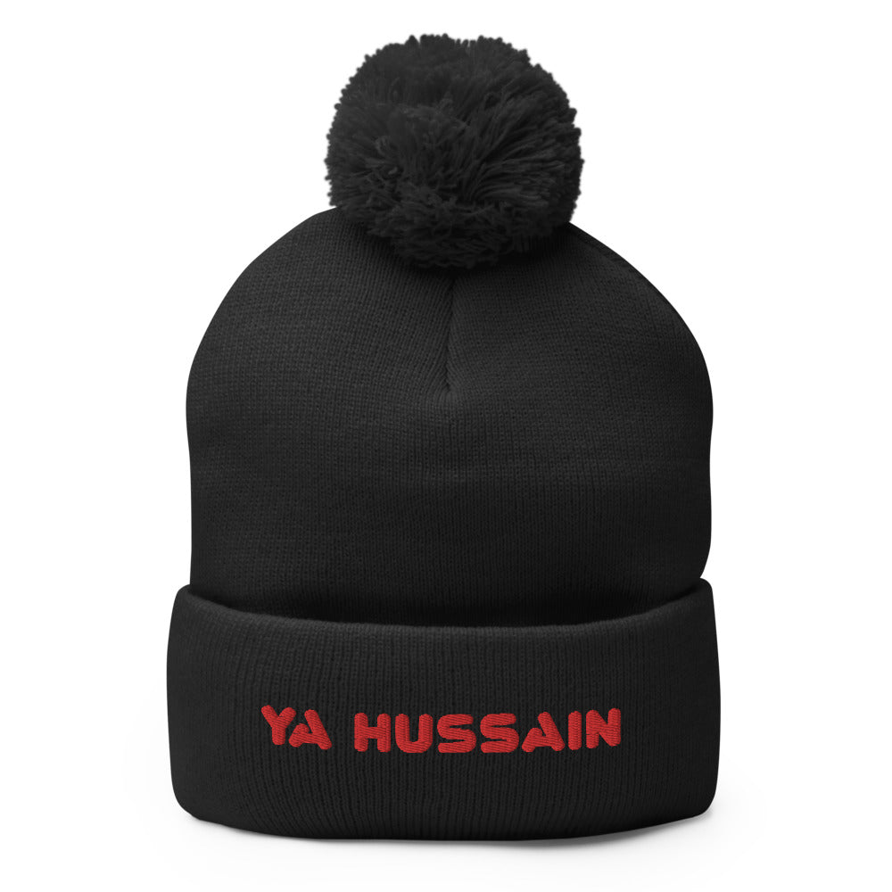 Ya Hussain (as) Red - Embroidered Pom-Pom Beanie