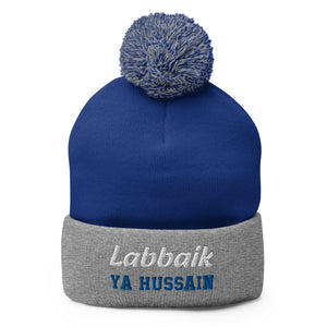Labbaik Ya Hussain (as) White Blue - Embroidered Pom-Pom Beanie
