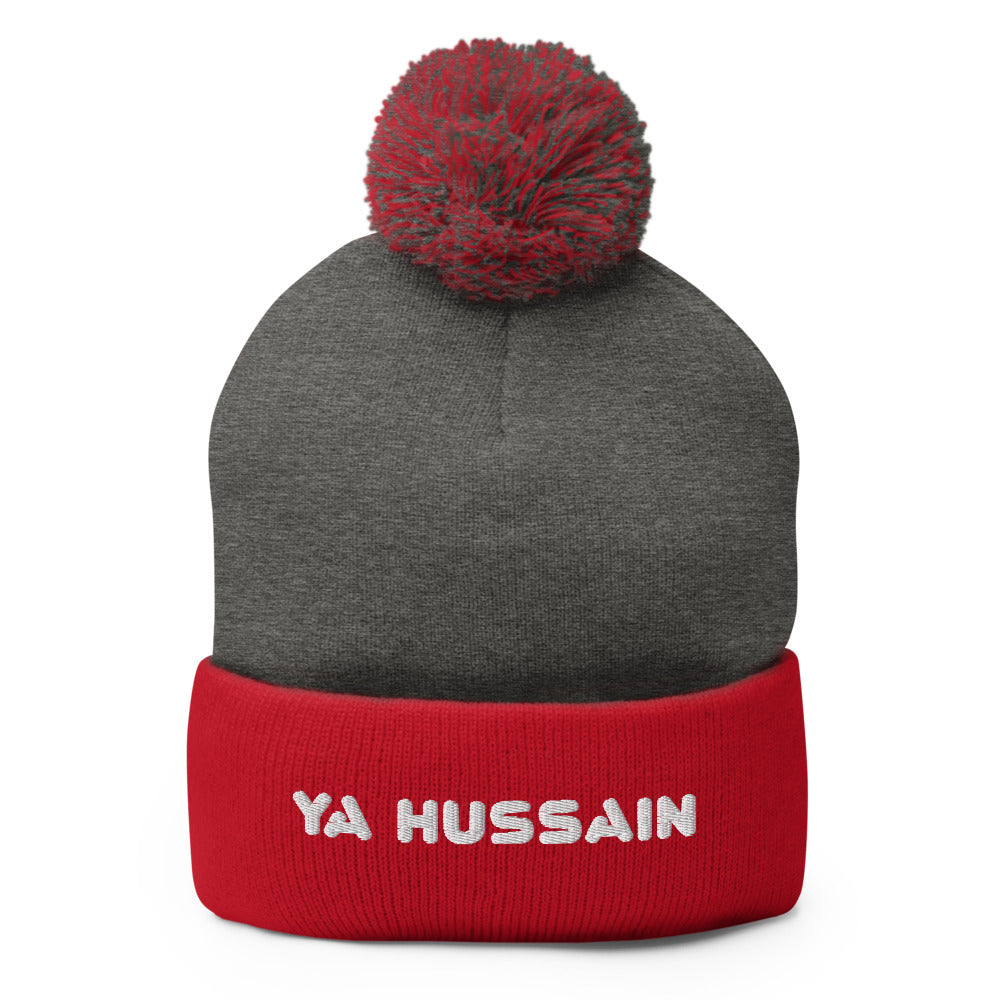 Ya Hussain (as) White - Embroidered Pom-Pom Beanie